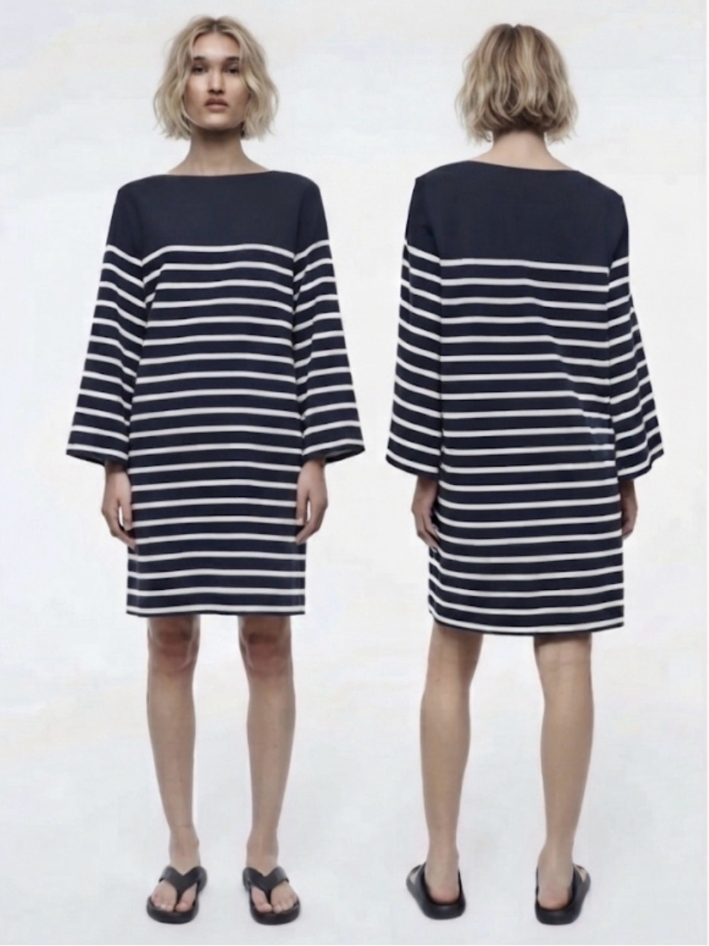 COS - women’s striped boat neck Mini T- shirt dress 3/4 sleeve navy white size S